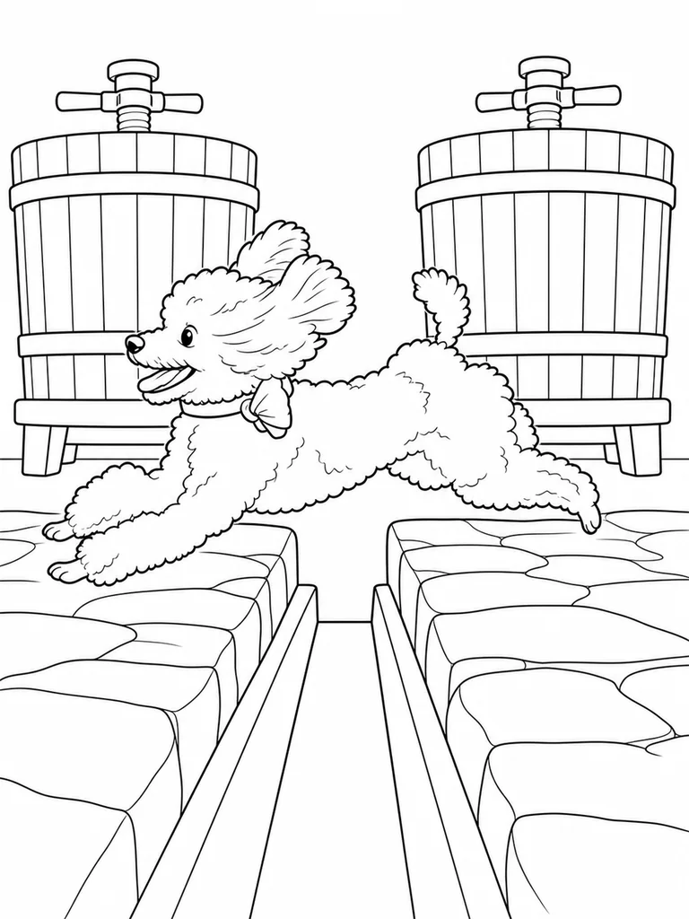 Between two stone platforms, a Poodle makes a long leap across a narrow channel in a grape-pressing room.