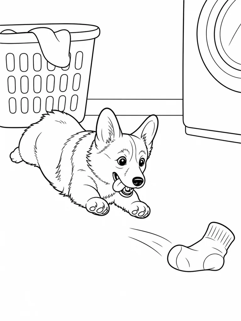 Welsh Corgi chases a loose sock across the laundry room floor near a basket.