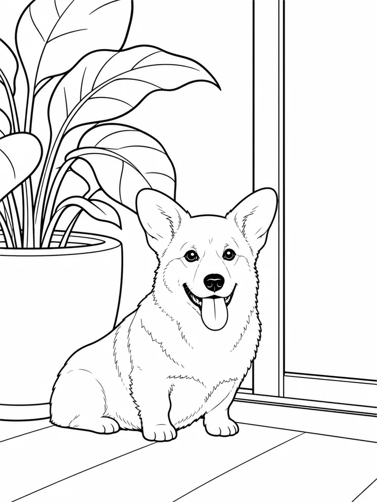 Welsh Corgi sits beside a large potted plant near a sliding balcony door.