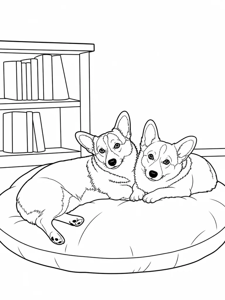 Welsh Corgis relax together on a floor cushion beside a small bookshelf.