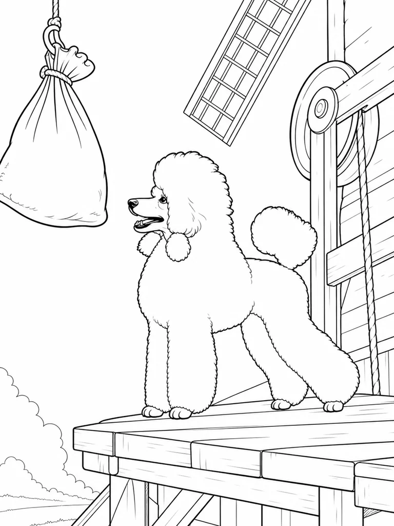 On a mill loading platform, a Poodle looks up at a suspended flour sack beside a large pulley.