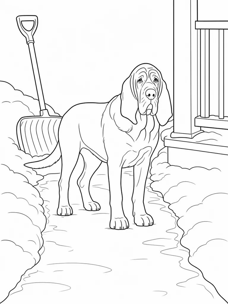 On a cleared porch path, a Bloodhound stands between snow piles and a shovel.
